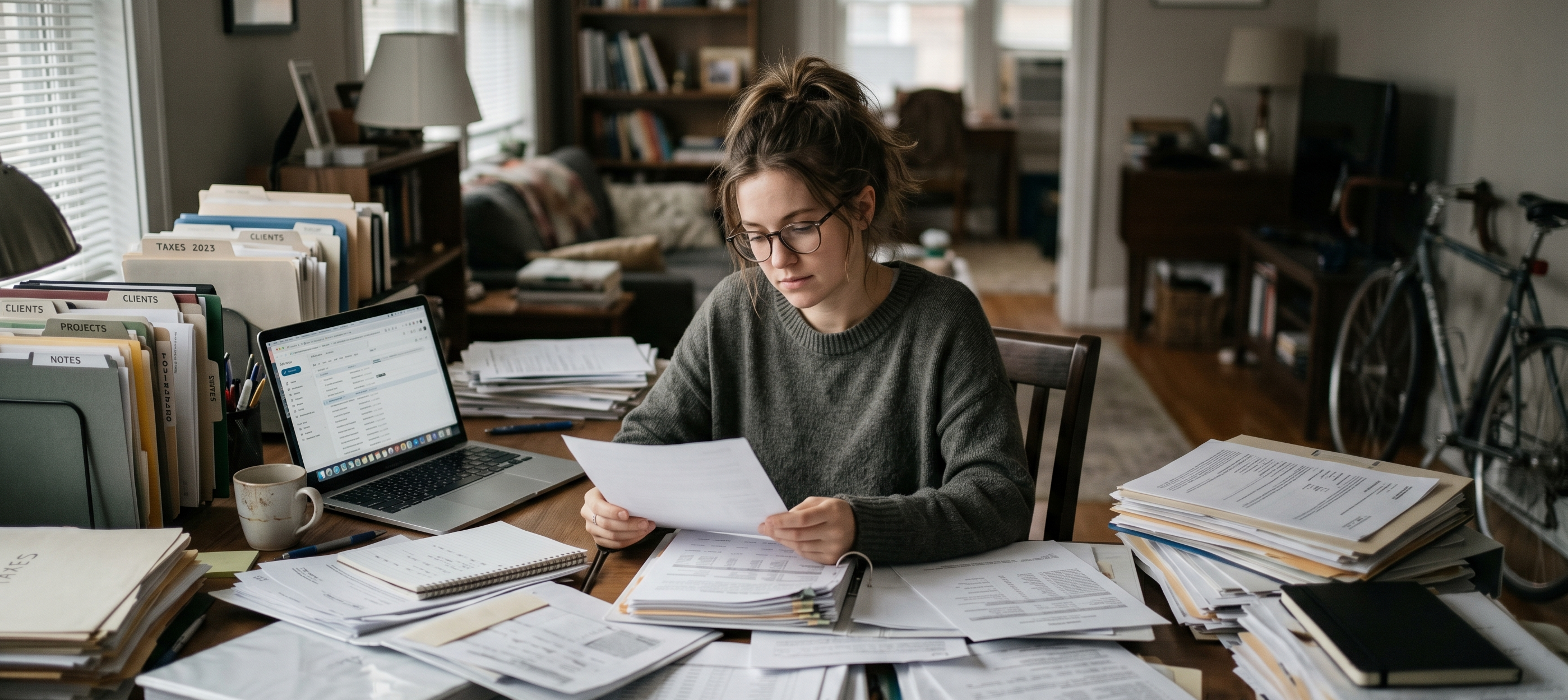 Woman organising her documents at a desk